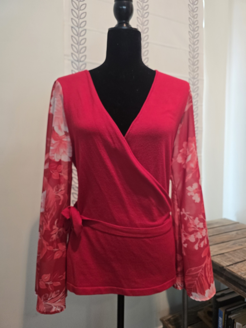 INC International Concepts Red Floral-Sleeve Wrap Top